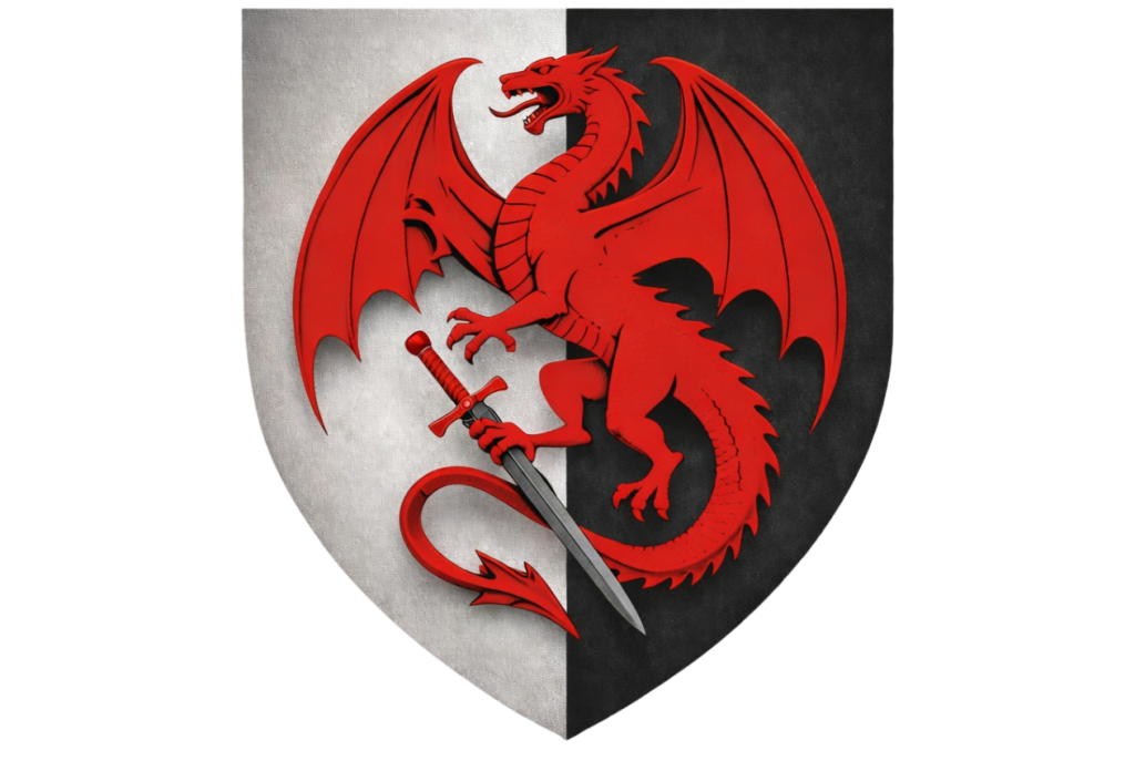 Crimson dragon sigil of House Valdarys holding a sword in The Ancients Reborn Saga